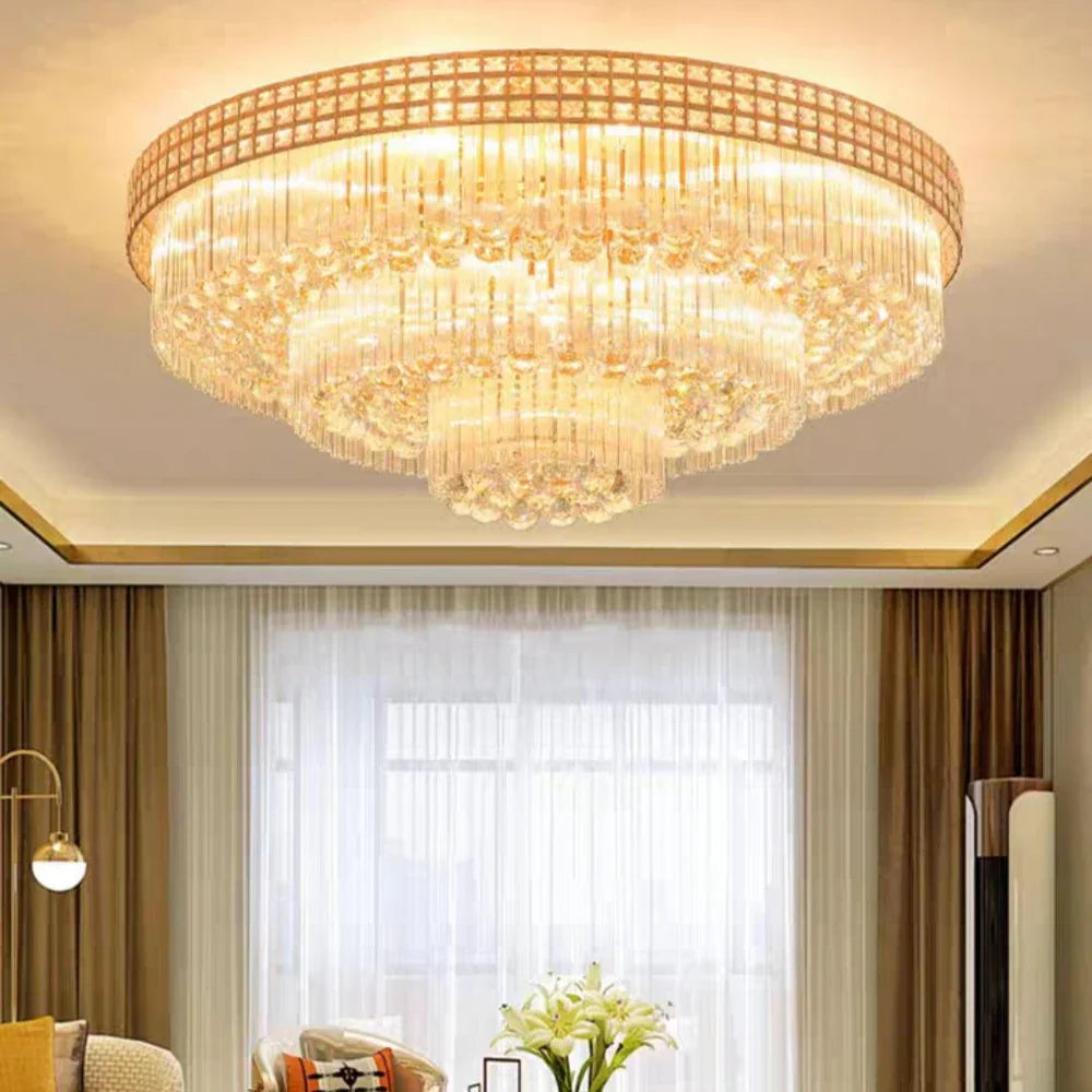 Extra Large Three Layers Round Luxury Flush Mounted Crystal Chandelier for Living Room-Feyran-D31.5"*H14.2"-Warm Light-Brass-Feyran