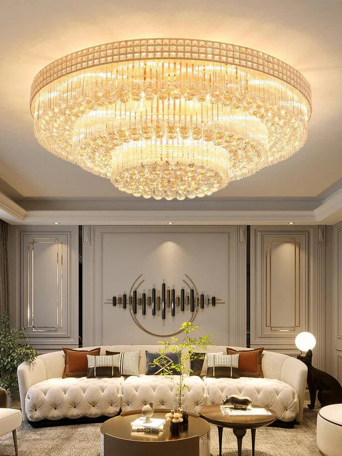 Extra Large Three Layers Round Luxury Flush Mounted Crystal Chandelier for Living Room-Feyran-D31.5"*H14.2"-Warm Light-Brass-Feyran