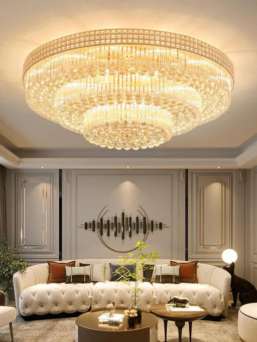 Extra Large Three Layers Round Luxury Flush Mounted Crystal Chandelier for Living Room-Feyran-D31.5"*H14.2"-Warm Light-Brass-Feyran