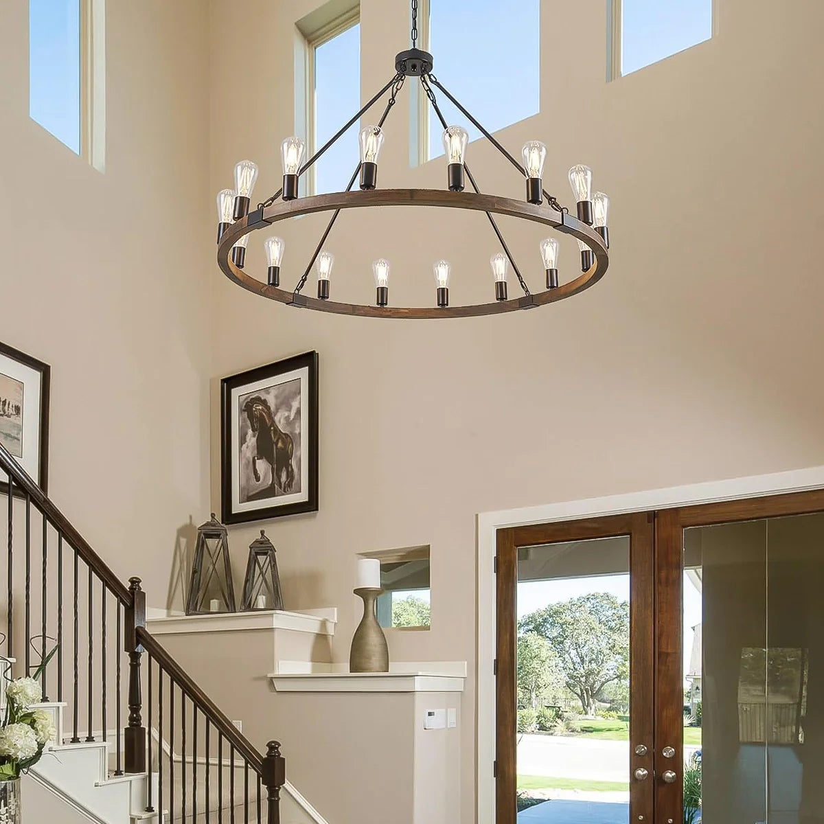 bottom-view-of-farmhouse-wood-wagon-wheel-chandelier-ch421-20250704-Feyran-lighting