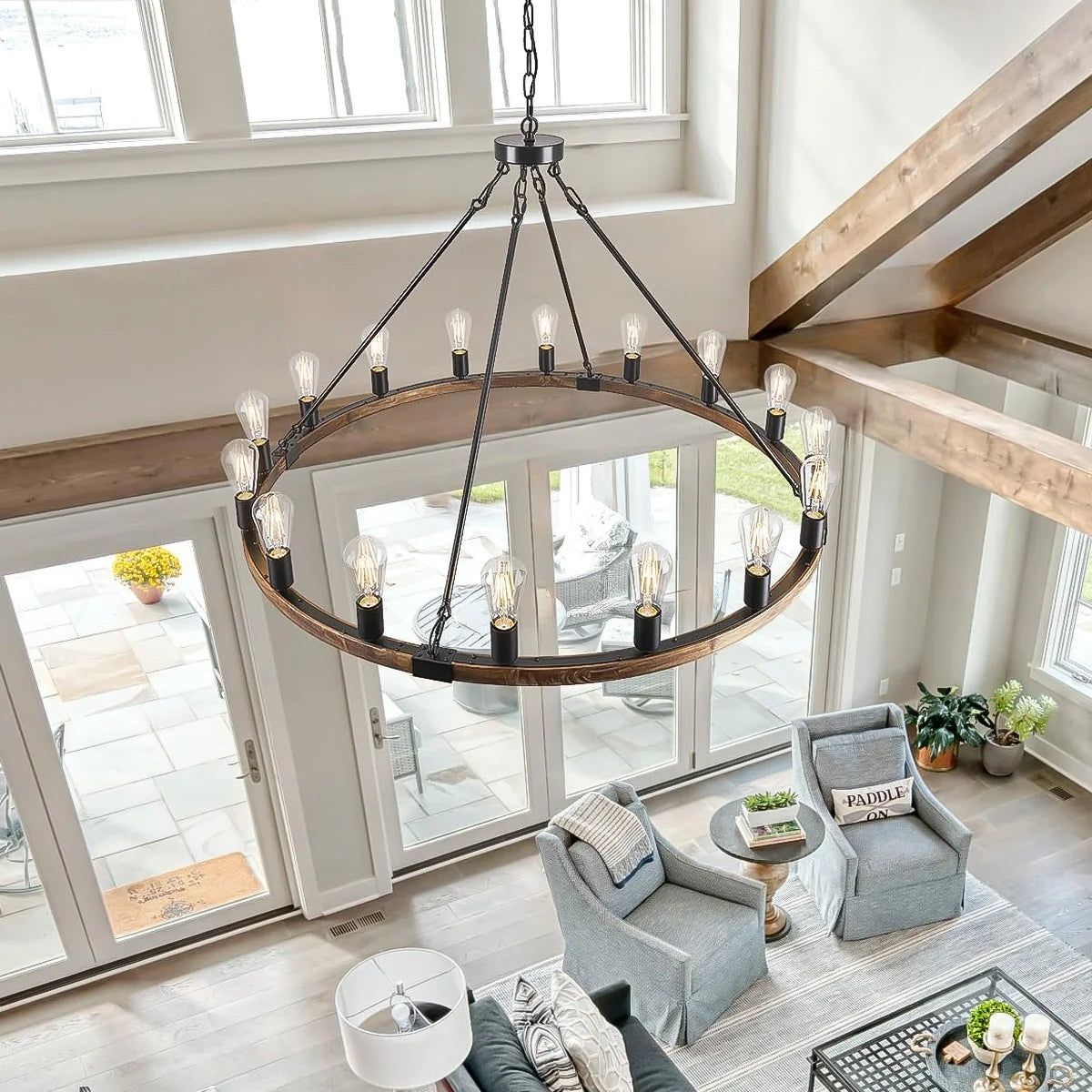top-view-of-farmhouse-wood-wagon-wheel-chandelier-in-living-room-ch421-20250704-Feyran-lighting
