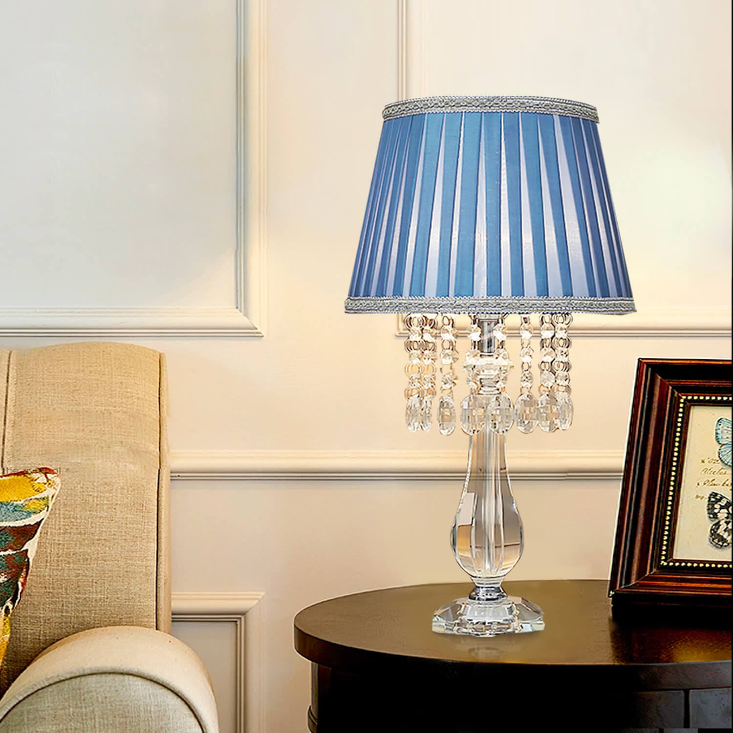 Fashion Crystal Table Lamp with Blue Lampshade-livingroom |Feyran