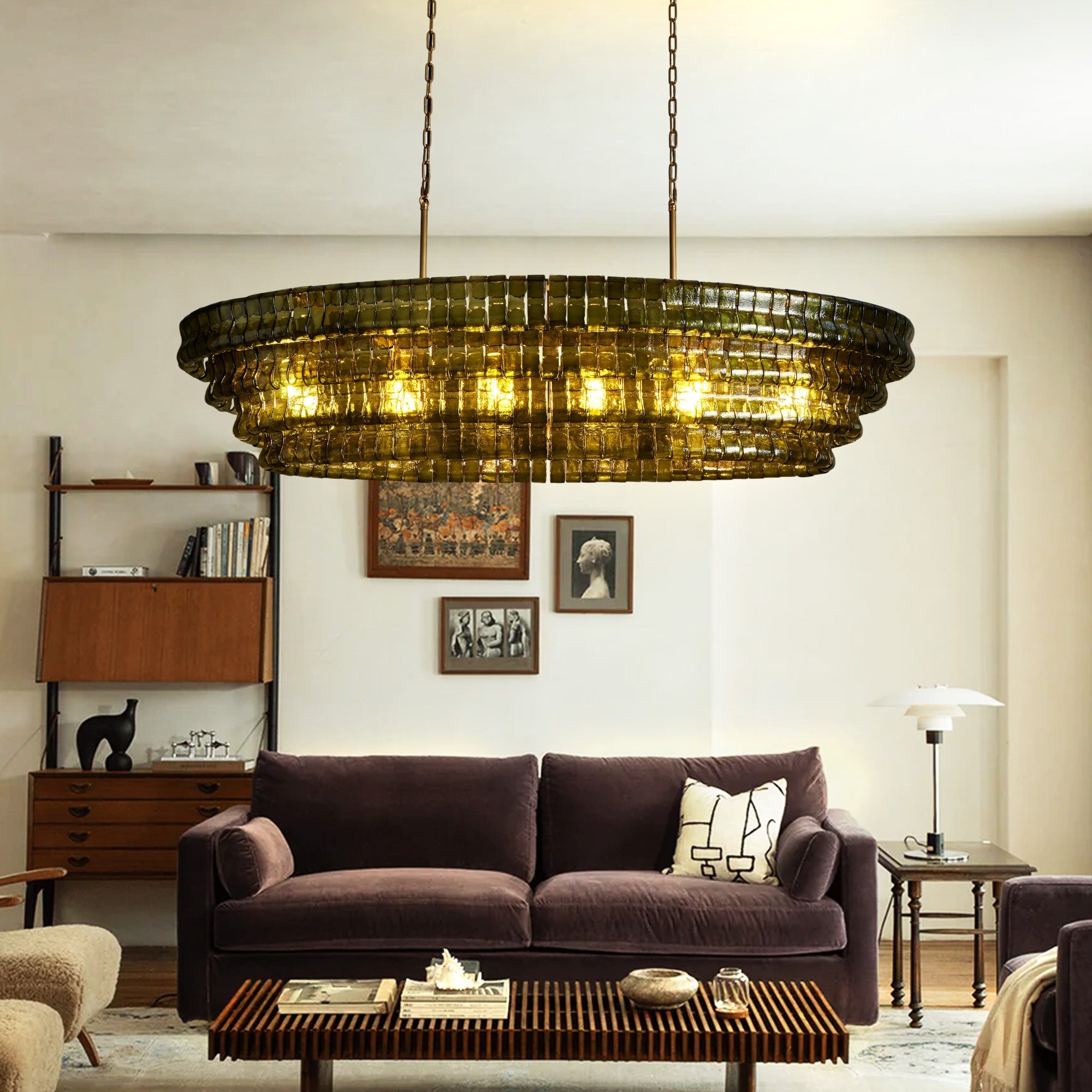 Ghiaccio Glass Oval Chandelier 54''65''-Chandelier-Feyran-65″ W-Green-Brass-Feyran