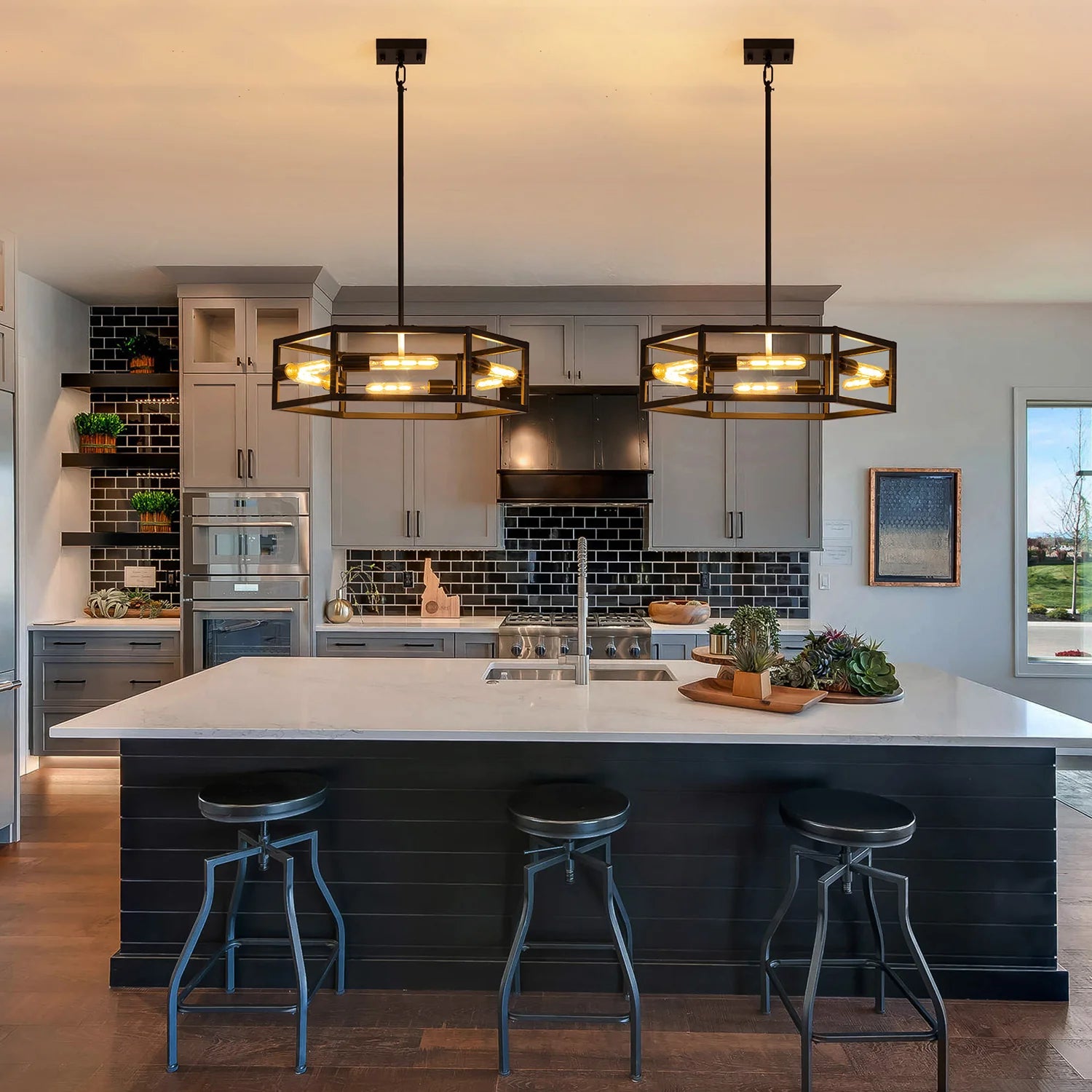 hexagon-industrial-black-lantern-drum-chandelier-ch396-20250606-Feyran-lighting