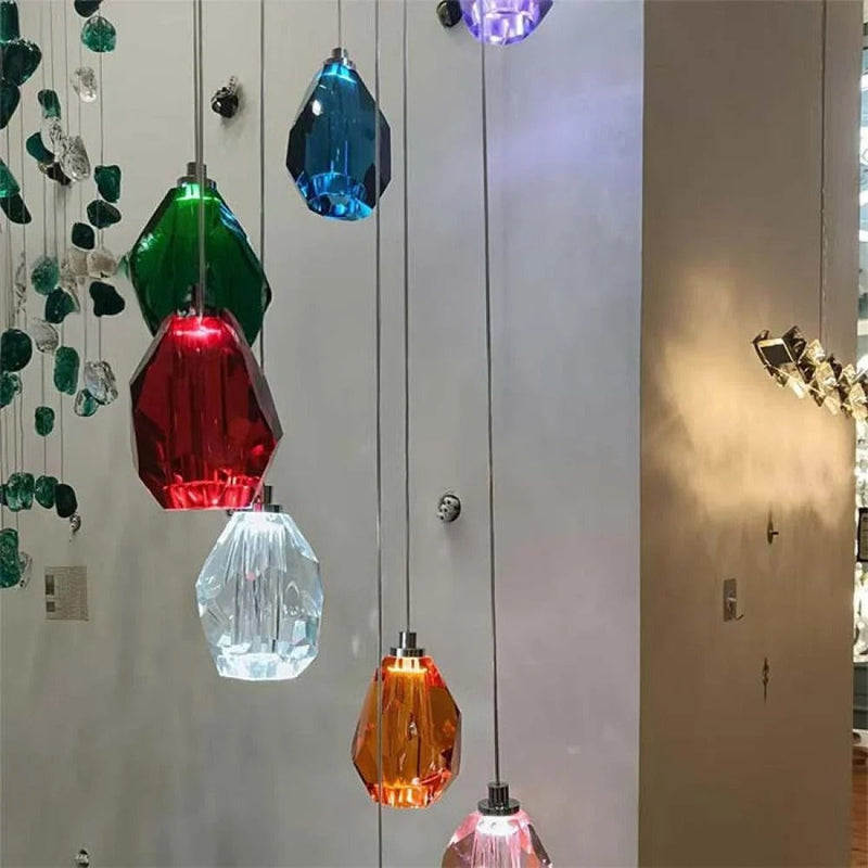 Modern Floating Clear/Blue/Amber Irregular Crystal Chandelier for High-ceiling