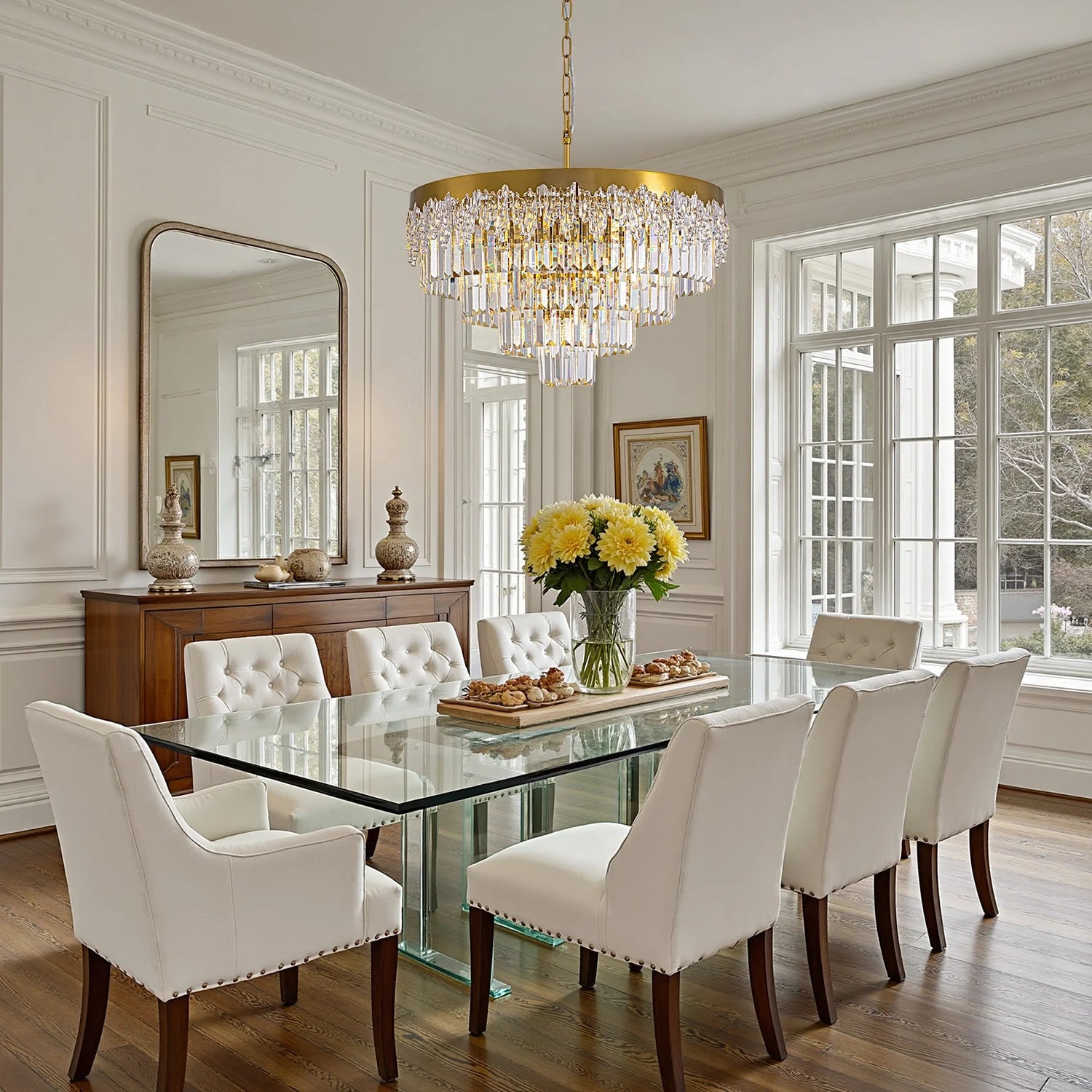 lumina-gold-crystal-tiered-chandelier-in-dining-room-Feyran-lighting