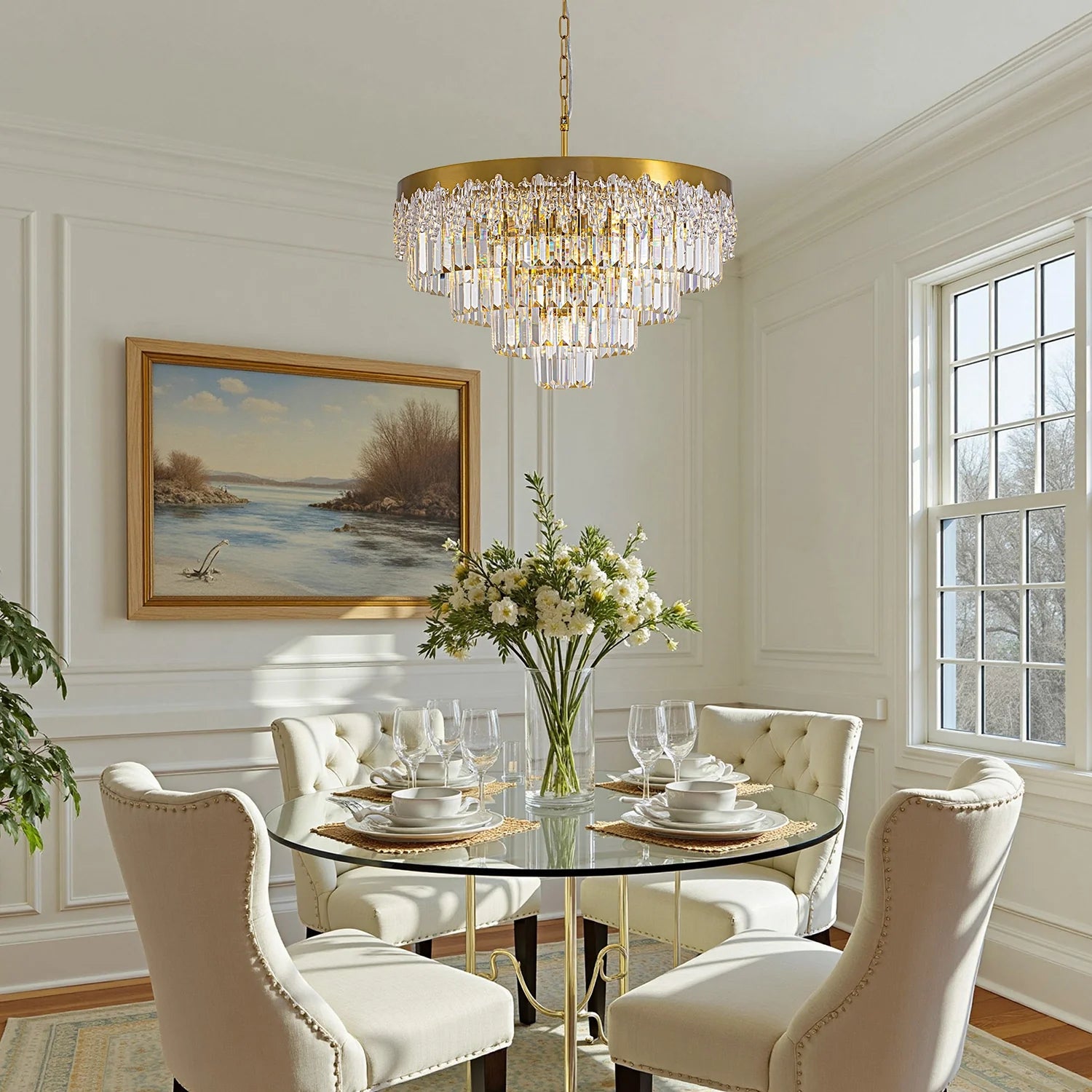 lumina-gold-crystal-tiered-chandelier-in-dining-room-Feyran-lighting
