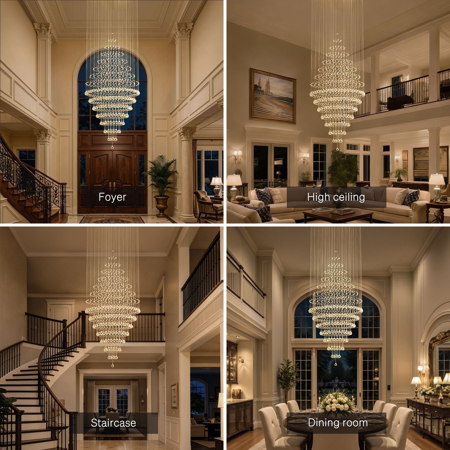 modern round crystal chandelier lighting fixture suitable for foyer staircase high ceiling and dining room spaces | Feyran