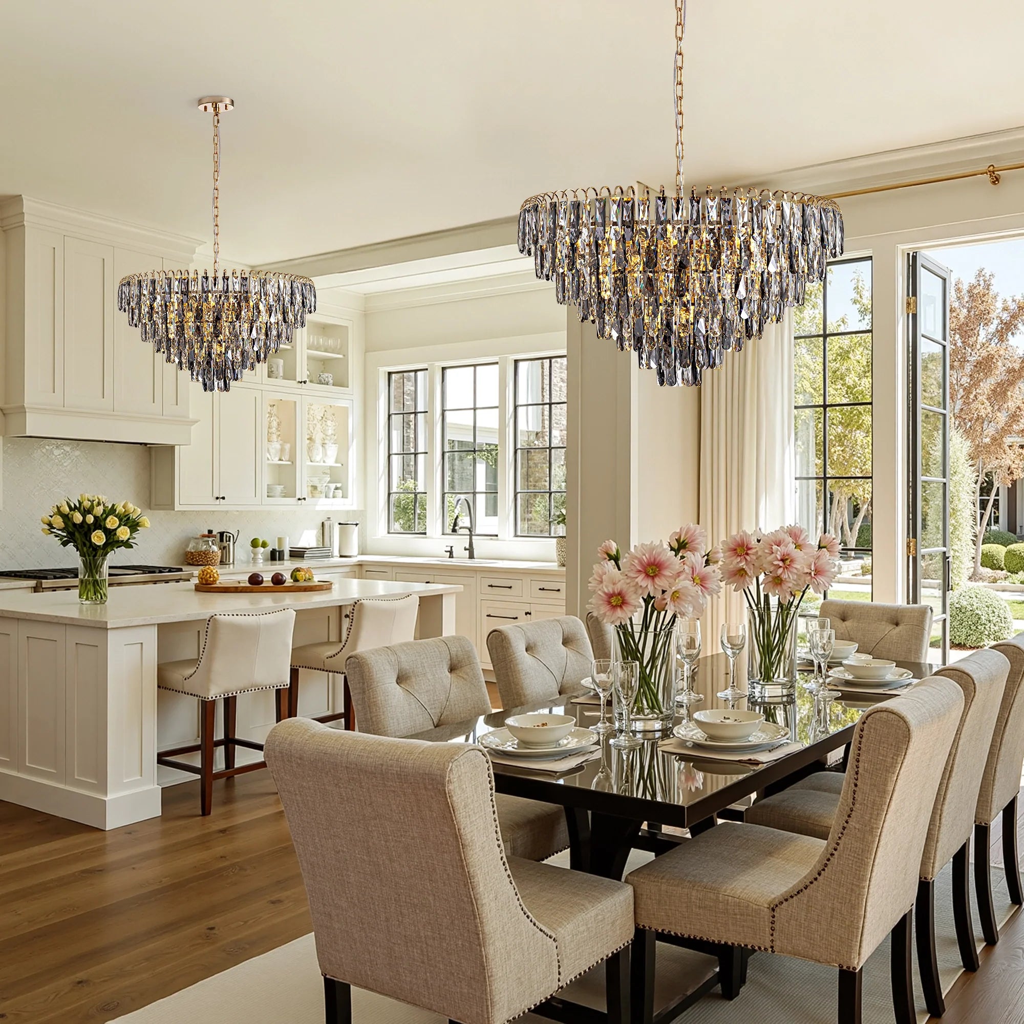 two-luxury-gold-crystal-tiered-chandelier-creating-a-harmonious-atmosphere-in-the-dining-room-Feyran-lighting