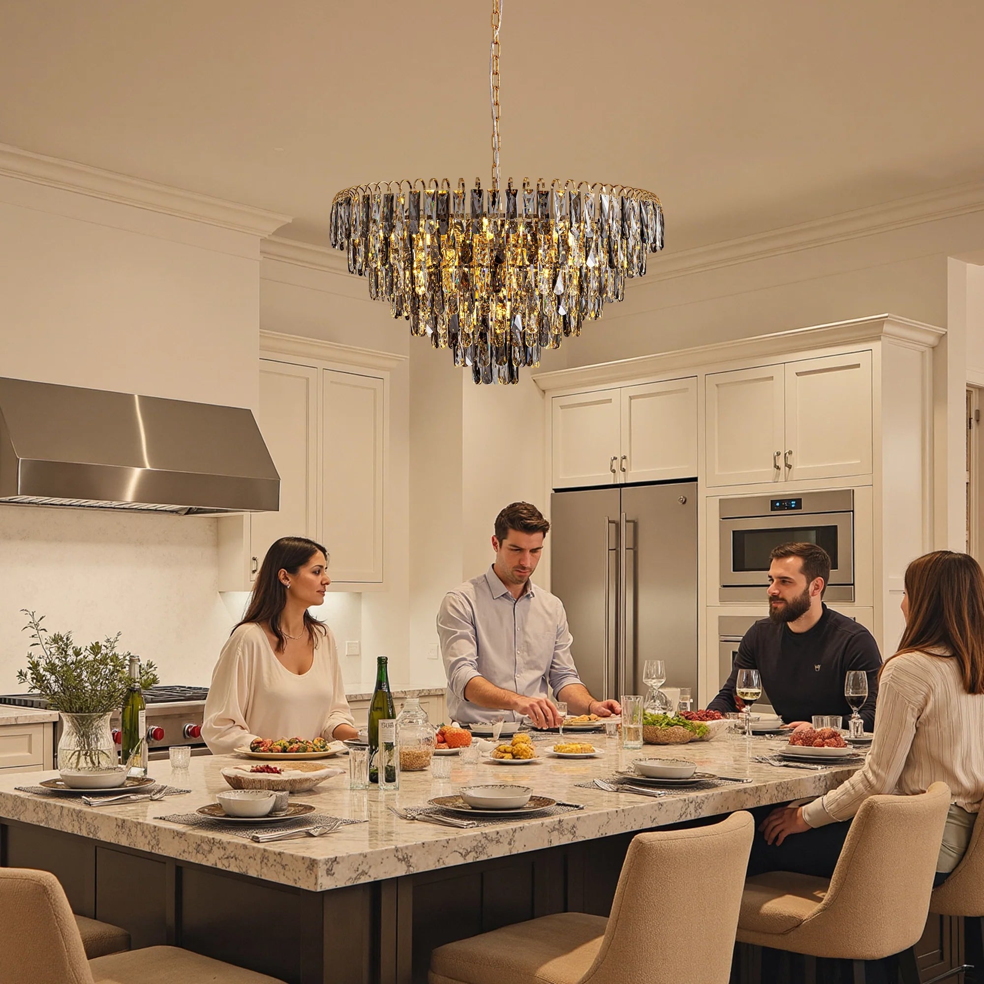 luxury-gold-crystal-tiered-chandelier-installed-in-the-kitchen-island-Feyran-lighting