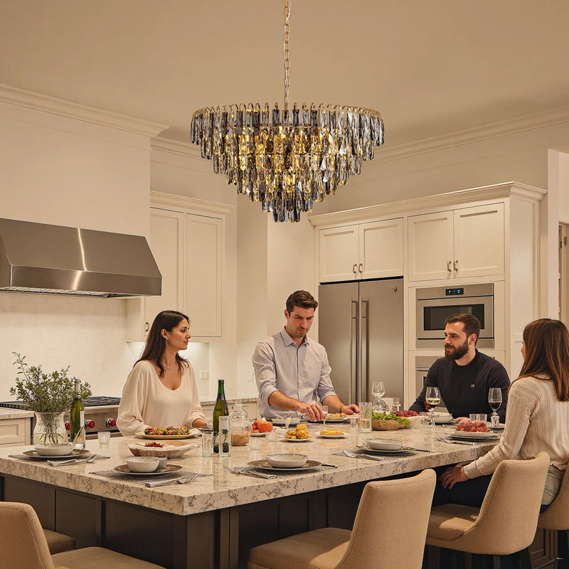 luxury-gold-crystal-tiered-chandelier-installed-in-the-kitchen-island-Feyran-lighting