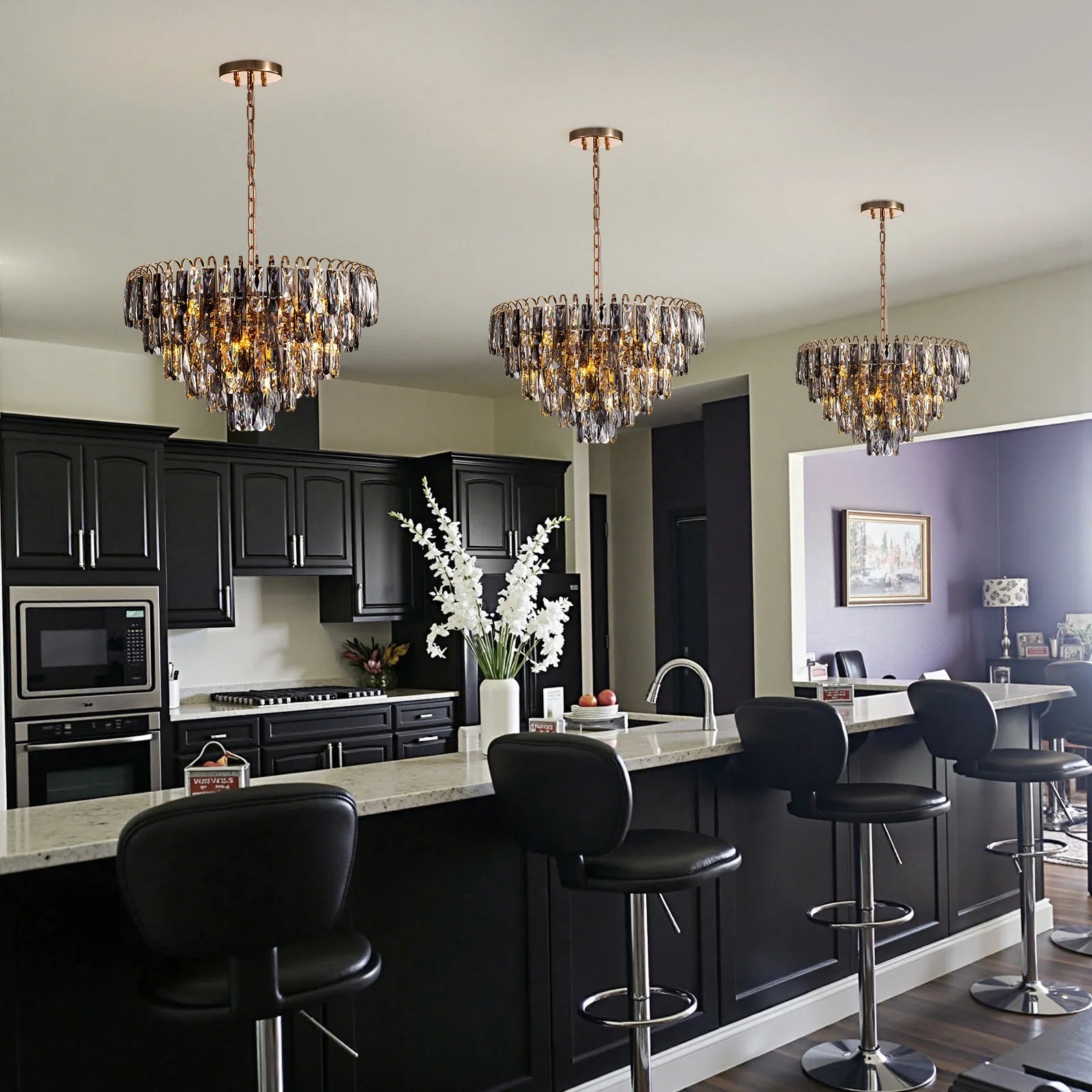 luxury-gold-crystal-tiered-chandelier-over-kitchen-island-Feyran-lighting