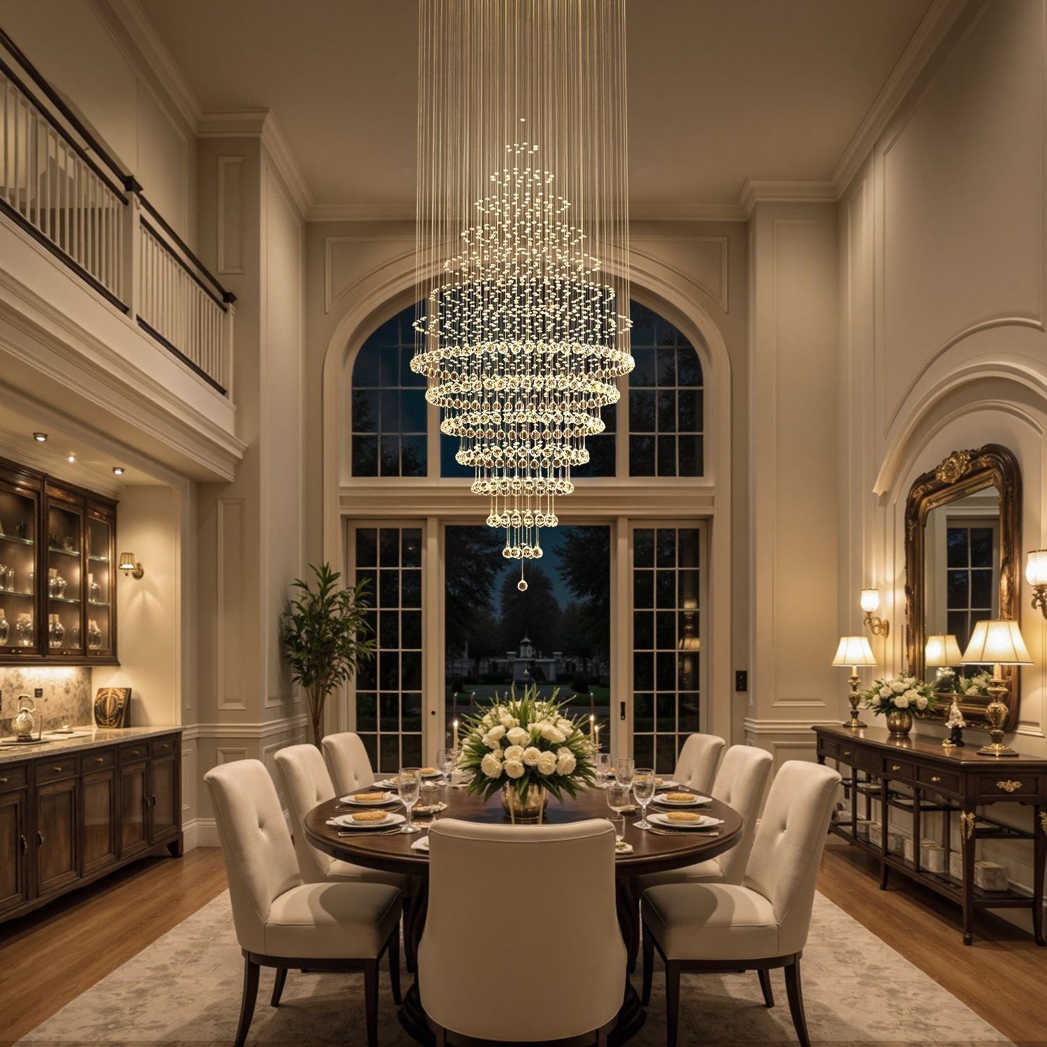 modern round crystal chandelier lighting fixture above dining table in elegant dining room | Feyran