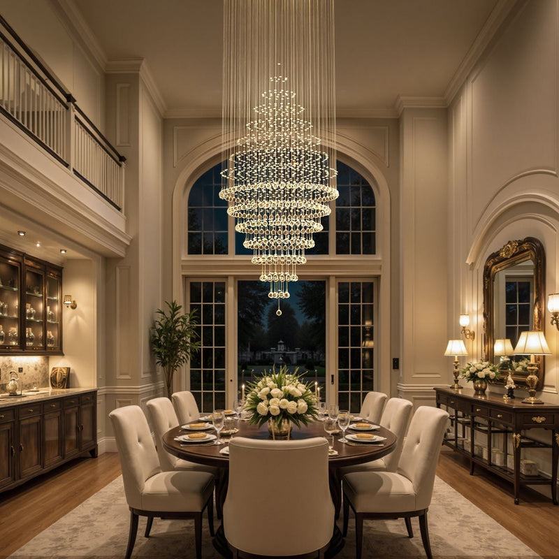 modern round crystal chandelier lighting fixture above dining table in elegant dining room | Feyran