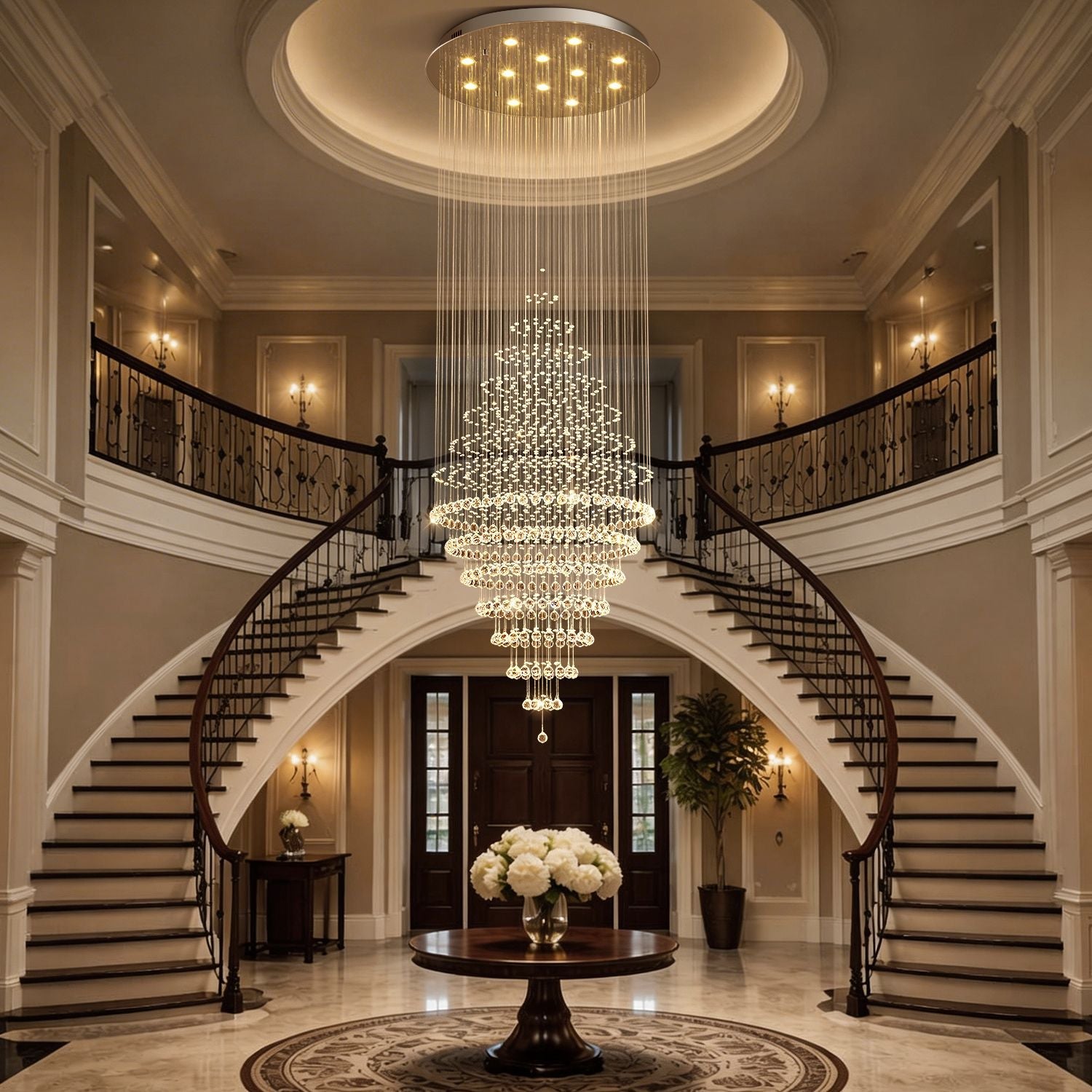 luxury modern round crystal chandelier staircase lighting fixture installed in large foyer with double staircase | Feyran