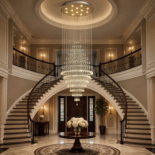 luxury modern round crystal chandelier staircase lighting fixture installed in large foyer with double staircase | Feyran