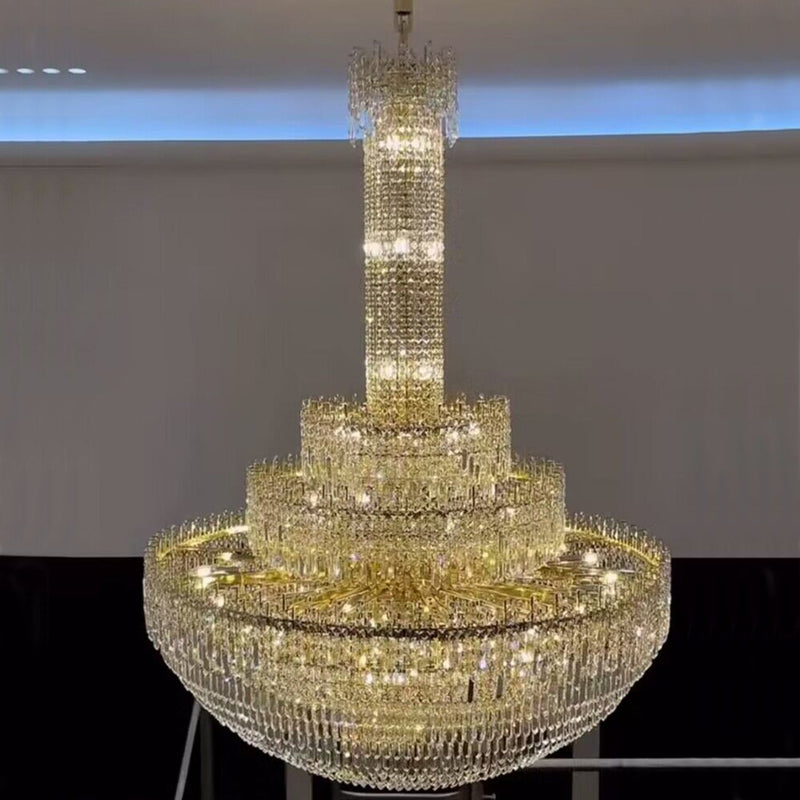 Luxury Oversized Gold European Crystal Chandelier 3-tiered Medium-length for Foyer/Staircase/Hallway/Entrway