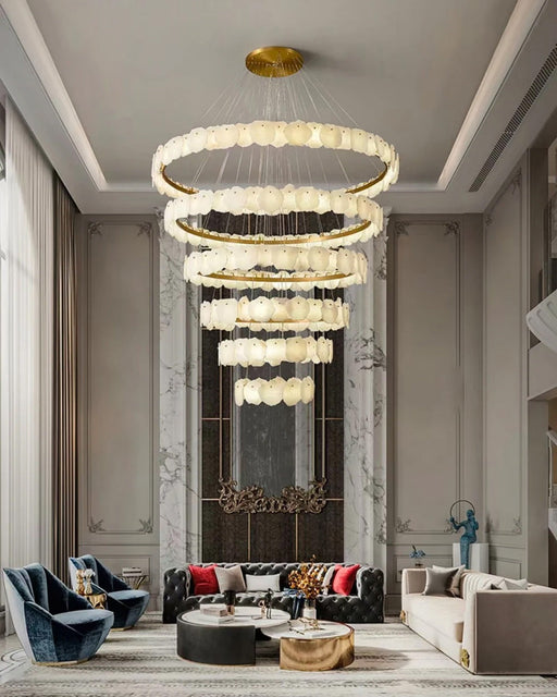 Merlin Tiered Circular Alabaster Chandelier-Chandelier-Feyran-Ø47"xH79"-Gold-Warm White-Feyran