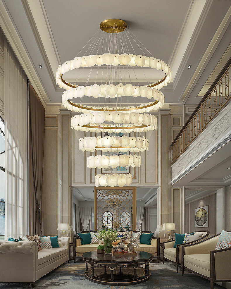 Merlin Tiered Circular Alabaster Chandelier-Chandelier-Feyran-Ø47"xH79"-Gold-Warm White-Feyran