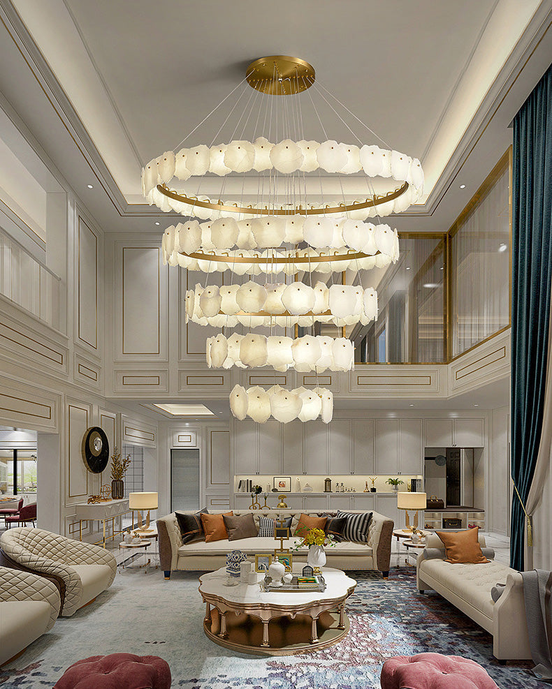 Merlin Tiered Circular Alabaster Chandelier-Chandelier-Feyran-Ø47"xH79"-Gold-Warm White-Feyran