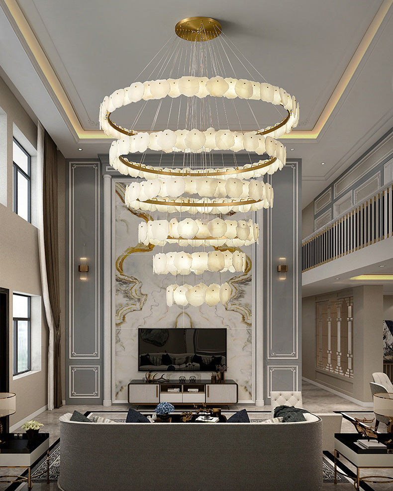 Merlin Tiered Circular Alabaster Chandelier-Chandelier-Feyran-Ø47"xH79"-Gold-Warm White-Feyran