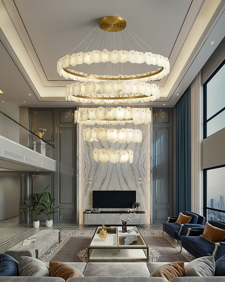 Merlin Tiered Circular Alabaster Chandelier-Chandelier-Feyran-Ø47"xH79"-Gold-Warm White-Feyran