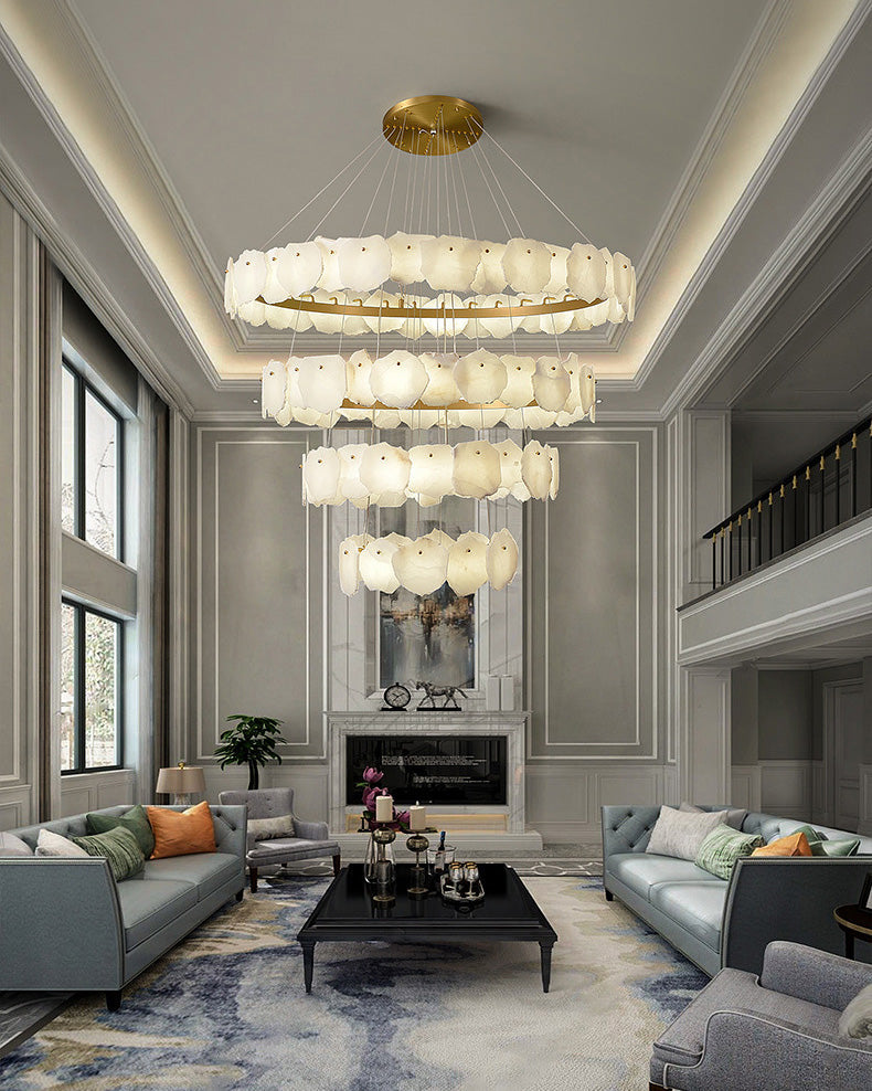 Merlin Tiered Circular Alabaster Chandelier-Chandelier-Feyran-Ø47"xH79"-Gold-Warm White-Feyran