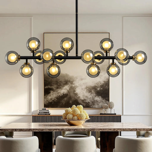 meteor-gray-globe-linear-chandelier-installed-in-dining-room-Feyran-lighting