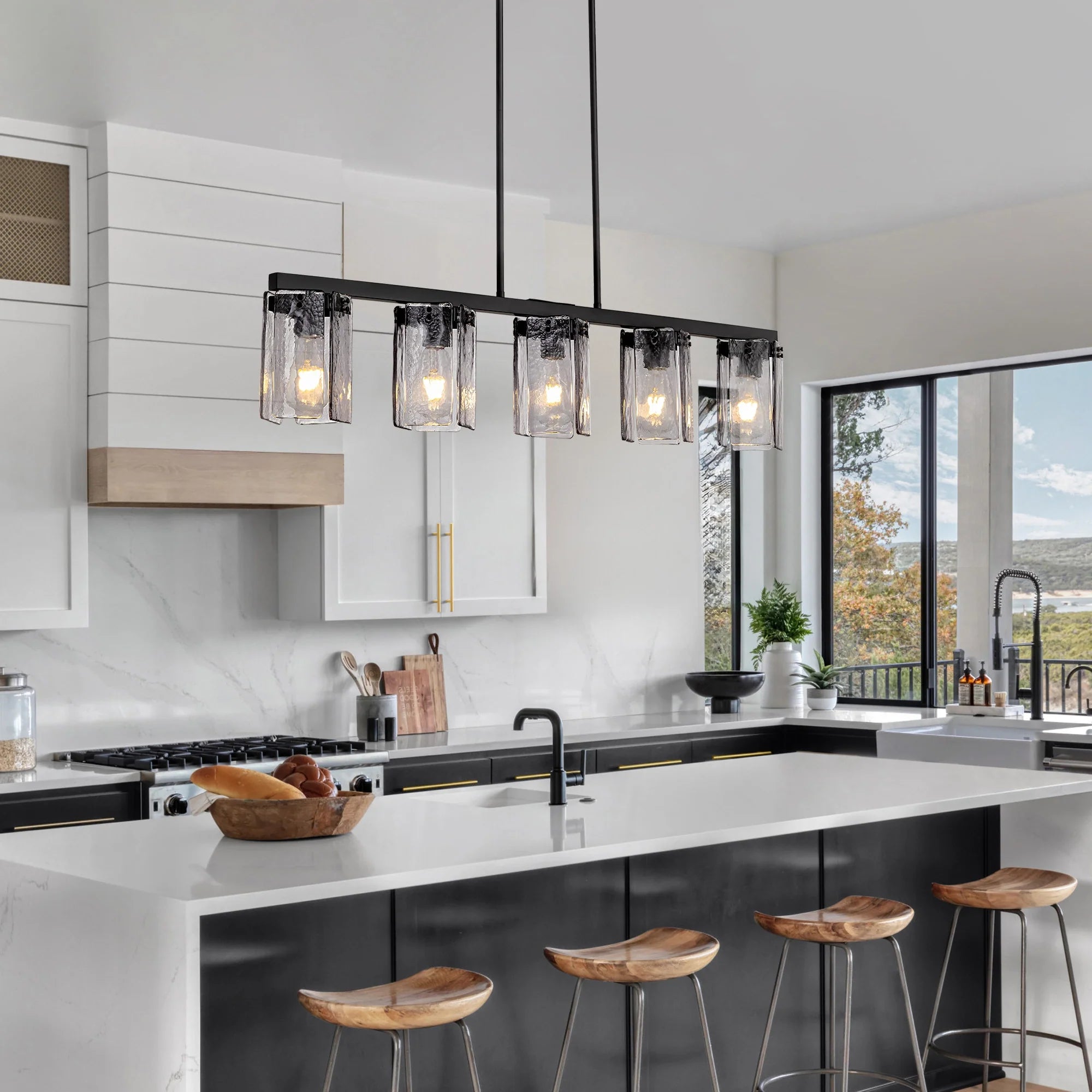 minimalist-smoked-glass-linear-chandelier-over-kitchen-island-Feyran-lighting