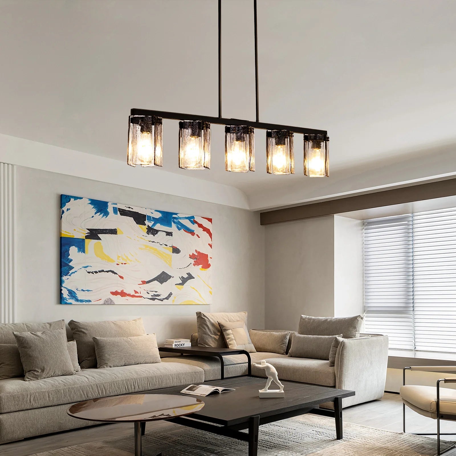 minimalist-smoked-glass-linear-chandelier-installed-in-the-living-room-Feyran-lighting
