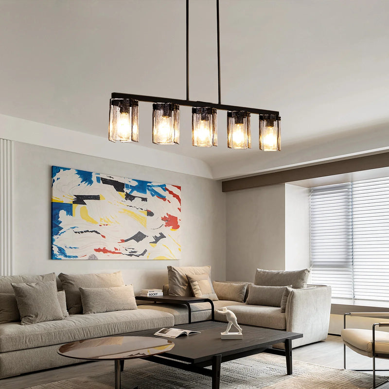 minimalist-smoked-glass-linear-chandelier-installed-in-the-living-room-Feyran-lighting