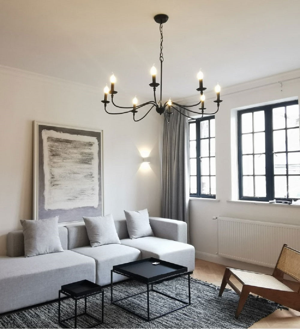 Modern Farmhouse Black Metal Candle Chandelier- 8 heads |Feyran