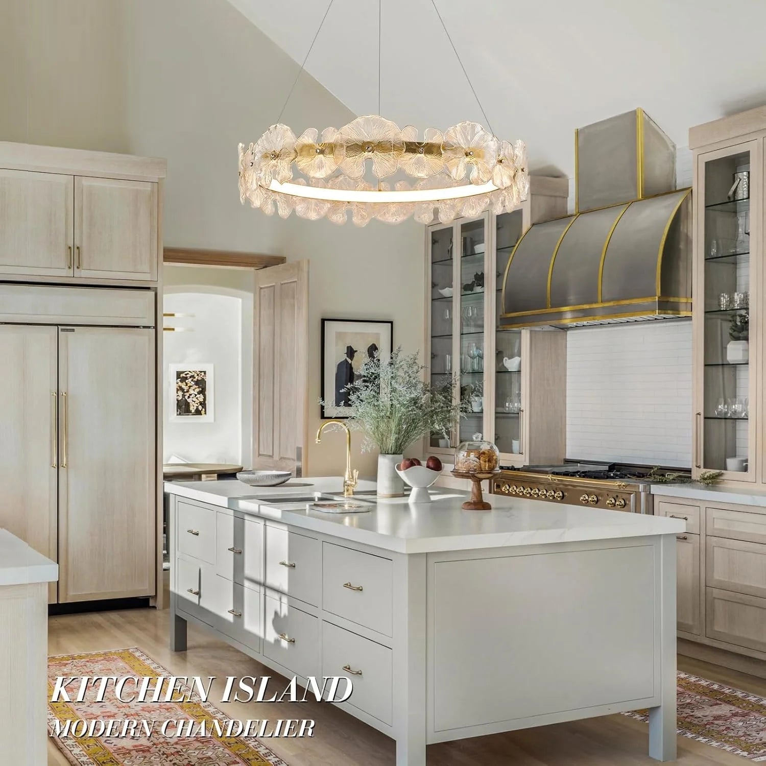 Top-view-of-modern-floral-chandelier-with-glass-petal-design-and-led-lighting-installed-in-kitchen-island-ch401-20250612-Feyran-lighting