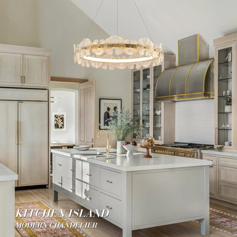 Top-view-of-modern-floral-chandelier-with-glass-petal-design-and-led-lighting-installed-in-kitchen-island-ch401-20250612-Feyran-lighting