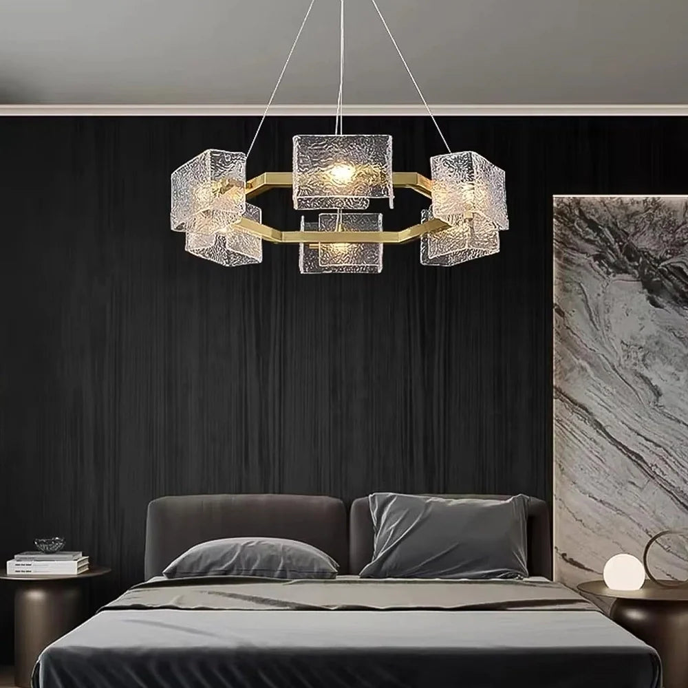 modern-gold-ring-chandelier-with-textured-glass-installed-in-bedroom-ch437-20250718-Feyran-lighting