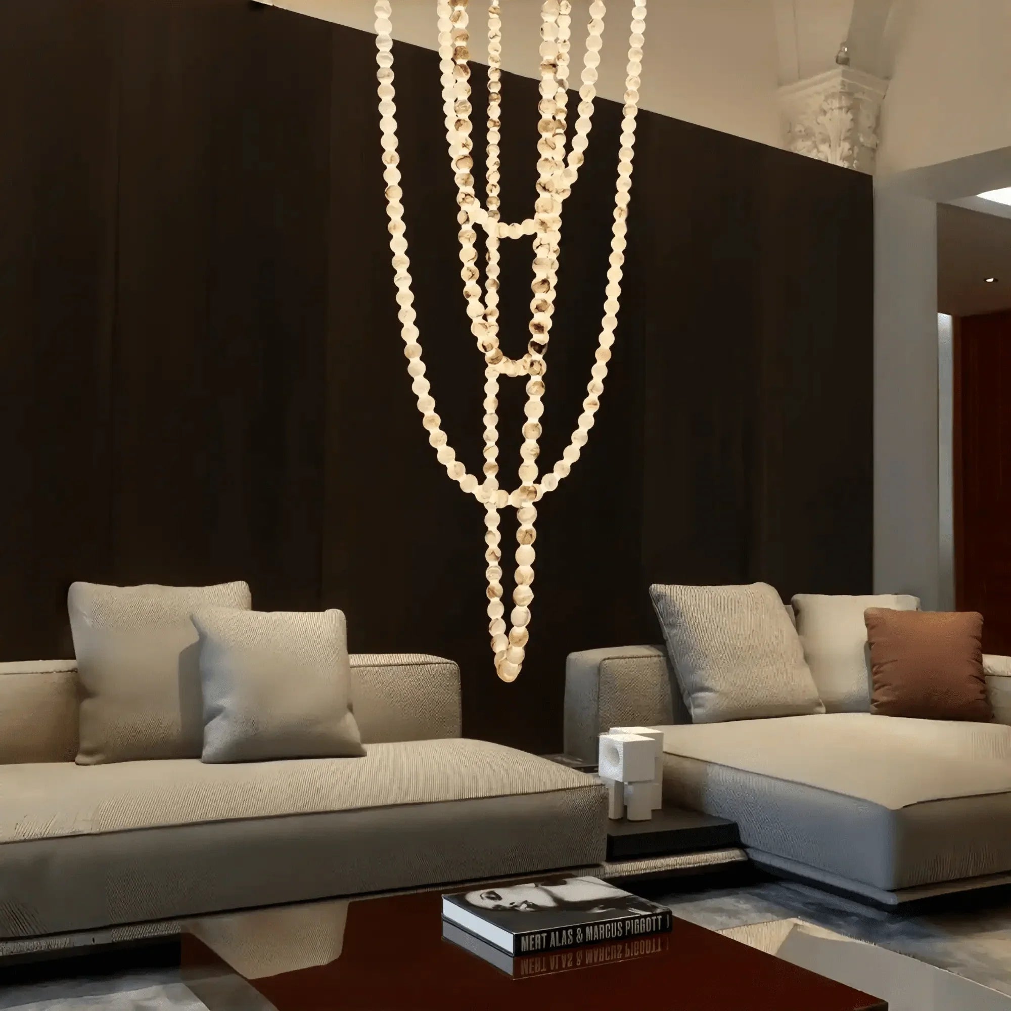 Modern LED Natural Alabaster Globes Beads Hanging Chandelier Indoor Lighting Fixture - 167 globes - L100+L200+L400+L500CM/L40"+L80"+L157"+L197"Neutral Light (4000K)Brass + WhiteFeyran