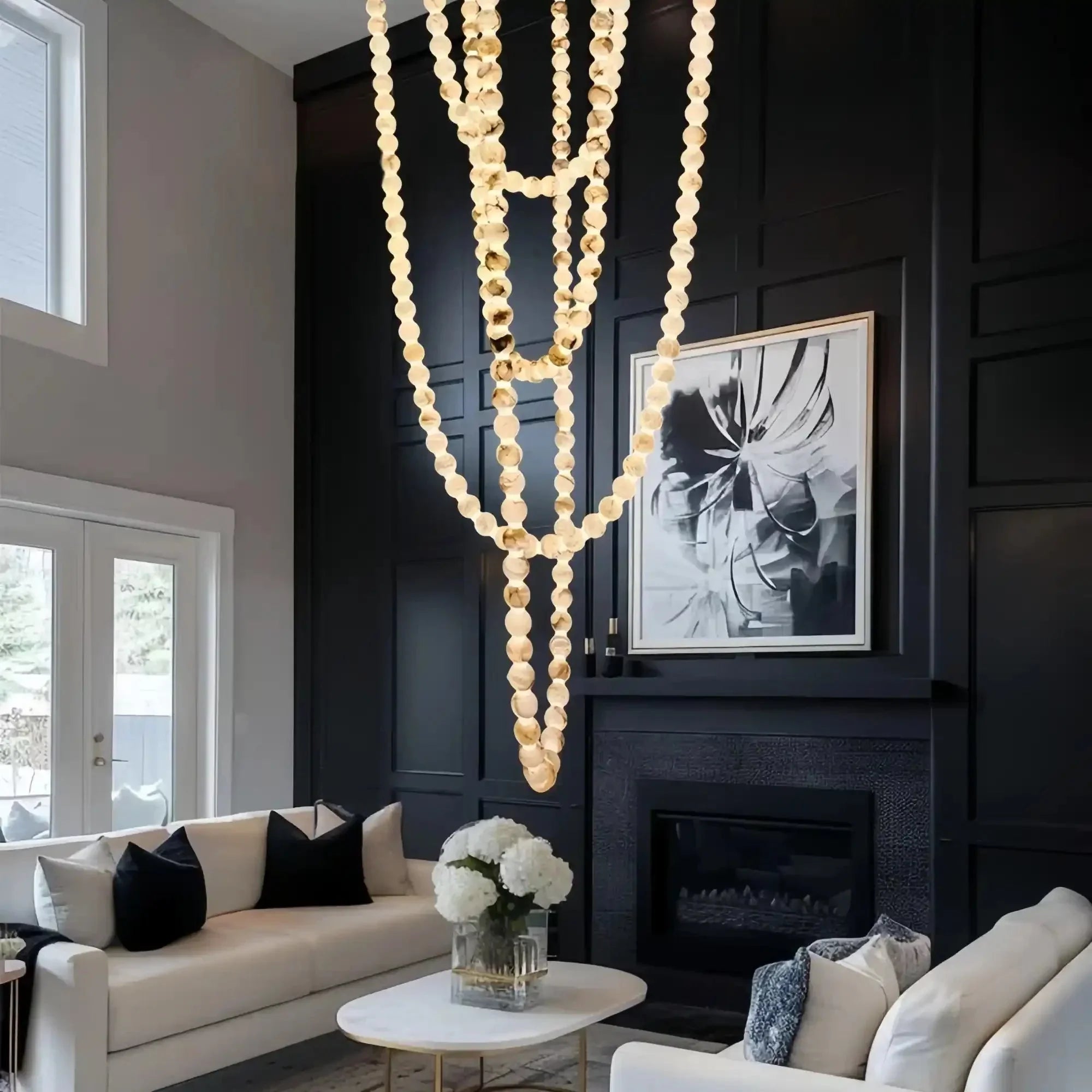 Modern LED Natural Alabaster Globes Beads Hanging Chandelier Indoor Lighting Fixture - 167 globes - L100+L200+L400+L500CM/L40"+L80"+L157"+L197"Neutral Light (4000K)Black + WhiteFeyran