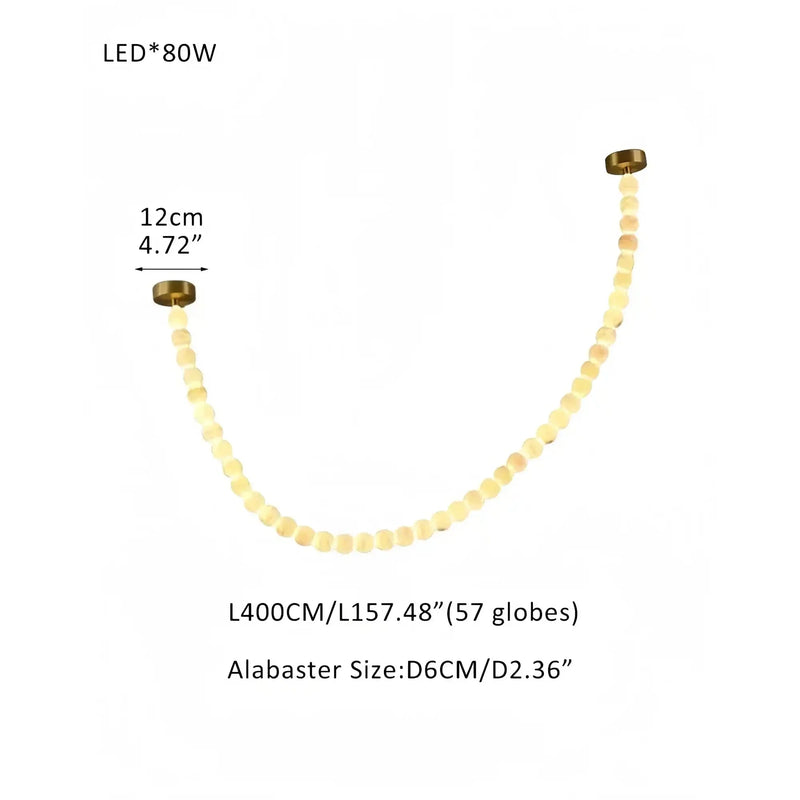 Modern LED Natural Alabaster Globes Beads Hanging Chandelier Indoor Lighting Fixture - 57 globes - L400CM/L157"Warm Light (3000K)Brass + WhiteFeyran