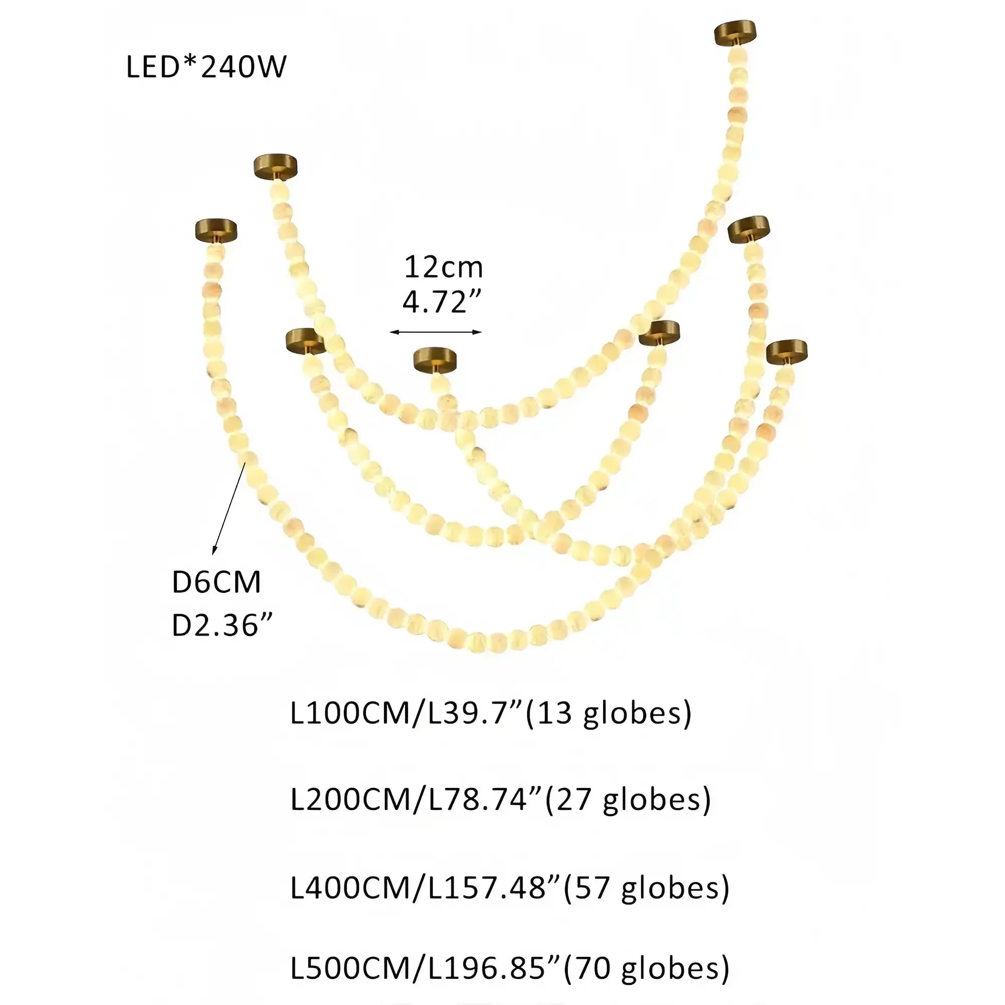 Modern LED Natural Alabaster Globes Beads Hanging Chandelier Indoor Lighting Fixture - 167 globes - L100+L200+L400+L500CM/L40"+L80"+L157"+L197"Warm Light (3000K)Brass + WhiteFeyran