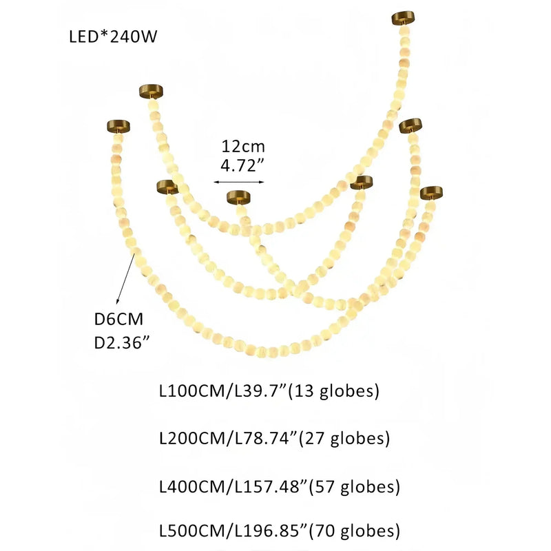 Modern LED Natural Alabaster Globes Beads Hanging Chandelier Indoor Lighting Fixture - 167 globes - L100+L200+L400+L500CM/L40"+L80"+L157"+L197"Warm Light (3000K)Brass + WhiteFeyran