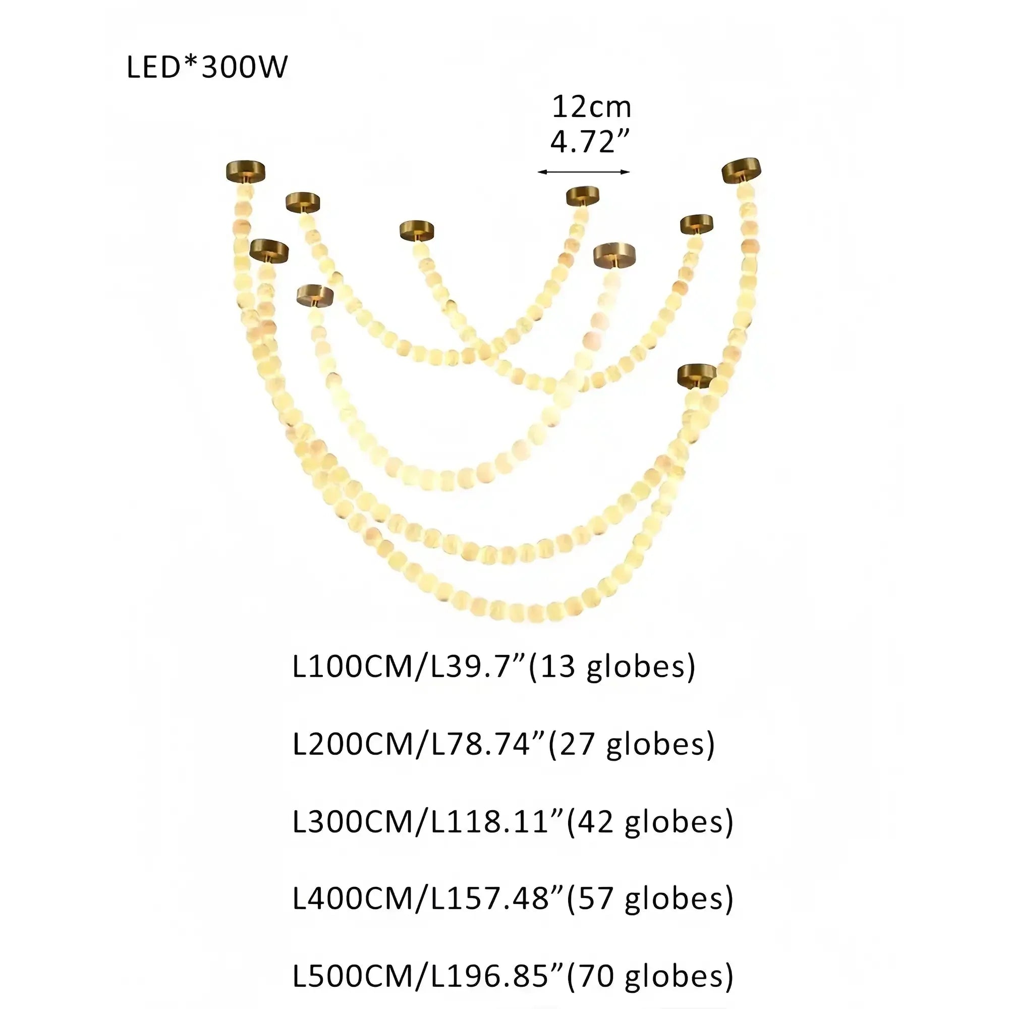 Modern LED Natural Alabaster Globes Beads Hanging Chandelier Indoor Lighting Fixture - 209 globes - L100+L200+L300+L400+L500CM/L40"+L80"+L118"+L157"+L197"Warm Light (3000K)Brass + WhiteFeyran