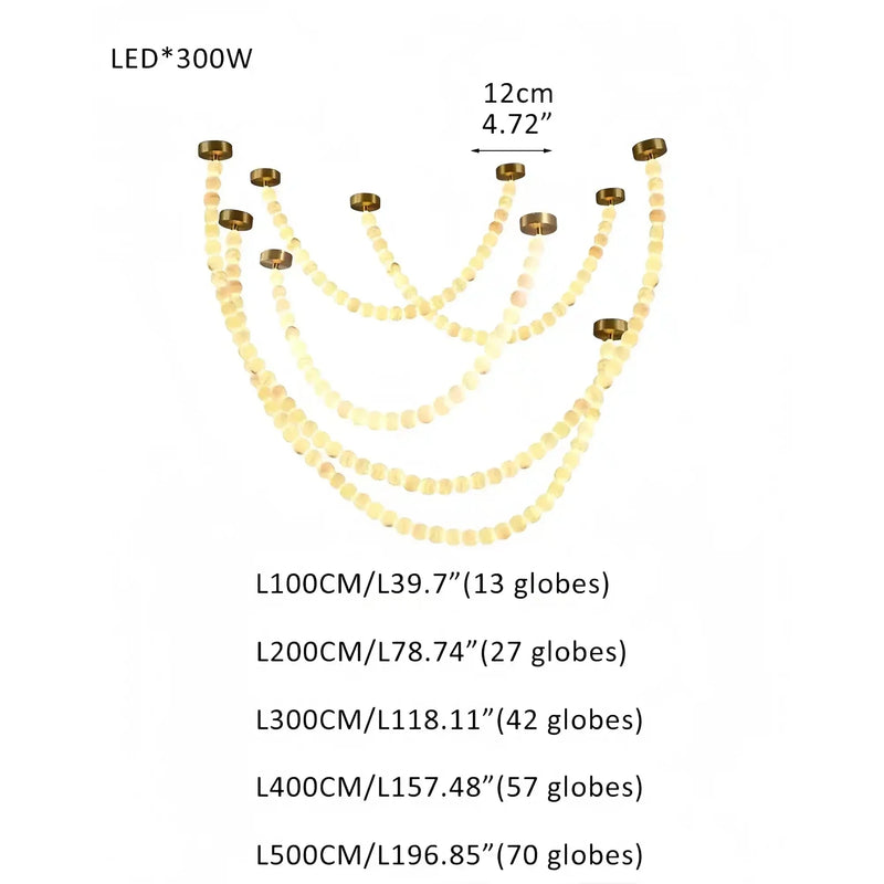 Modern LED Natural Alabaster Globes Beads Hanging Chandelier Indoor Lighting Fixture - 209 globes - L100+L200+L300+L400+L500CM/L40"+L80"+L118"+L157"+L197"Warm Light (3000K)Brass + WhiteFeyran