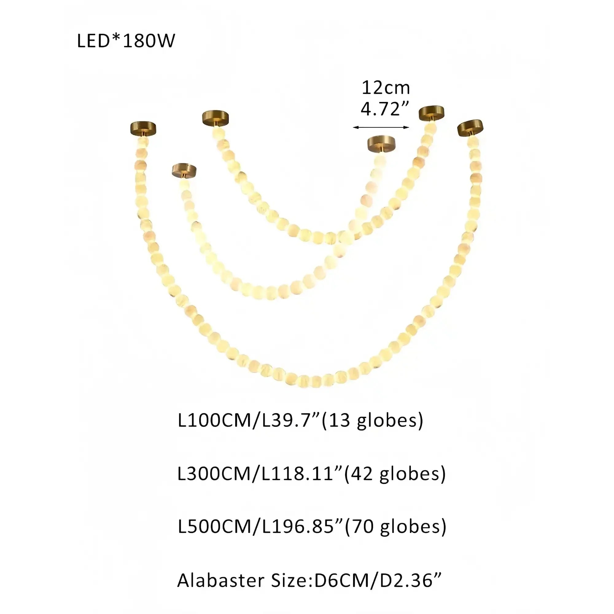 Modern LED Natural Alabaster Globes Beads Hanging Chandelier Indoor Lighting Fixture - 125 globes - L100+L300+L500CM/L40"+L118"+L197"Warm Light (3000K)Brass + WhiteFeyran