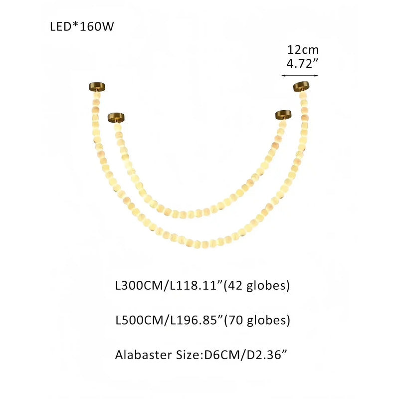 Modern LED Natural Alabaster Globes Beads Hanging Chandelier Indoor Lighting Fixture - 112 globes - L300+L500CM/L118"+L197"Warm Light (3000K)Brass + WhiteFeyran
