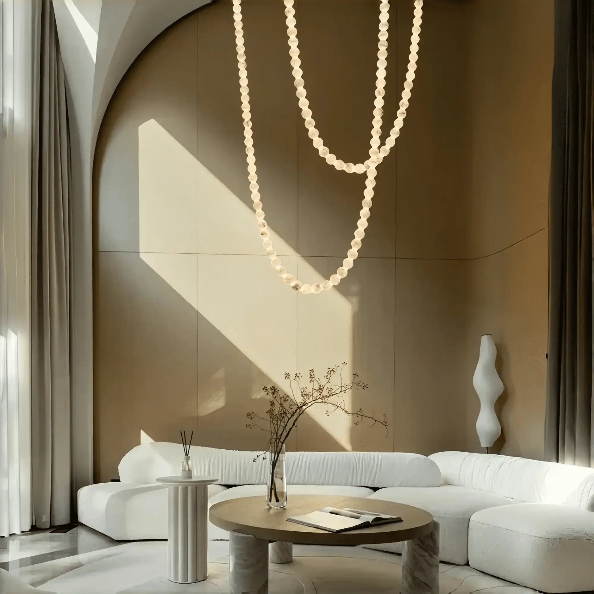 Modern LED Natural Alabaster Globes Beads Hanging Chandelier Indoor Lighting Fixture - 112 globes - L300+L500CM/L118"+L197"Neutral Light (4000K)Brass + WhiteFeyran