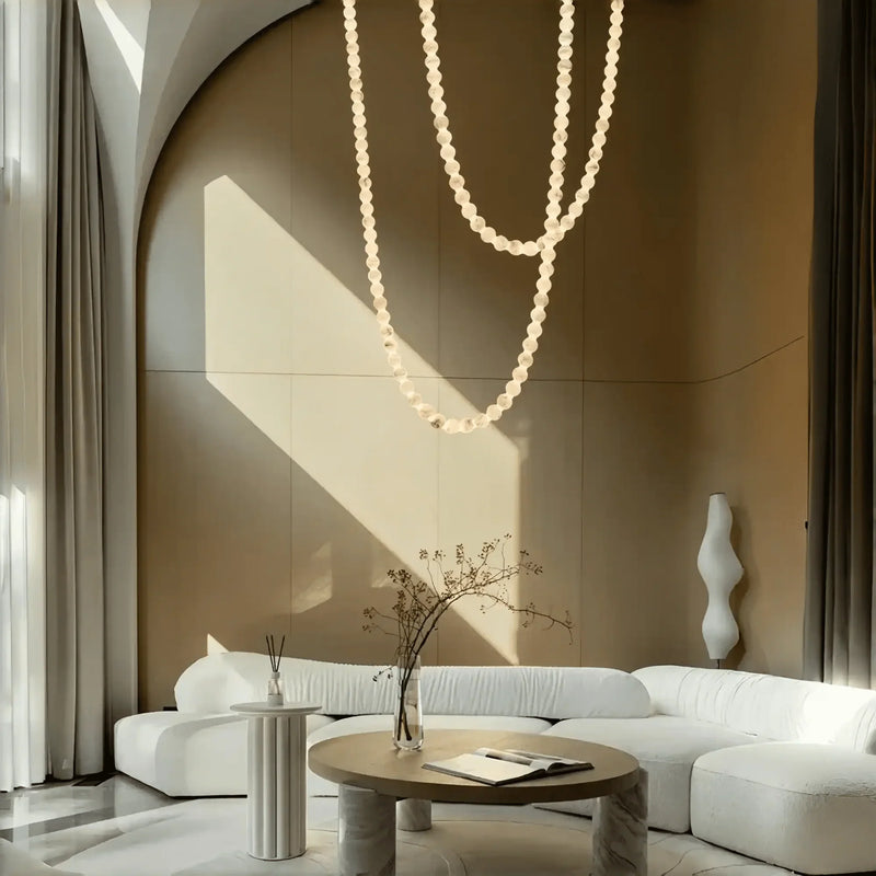 Modern LED Natural Alabaster Globes Beads Hanging Chandelier Indoor Lighting Fixture - 112 globes - L300+L500CM/L118"+L197"Neutral Light (4000K)Brass + WhiteFeyran