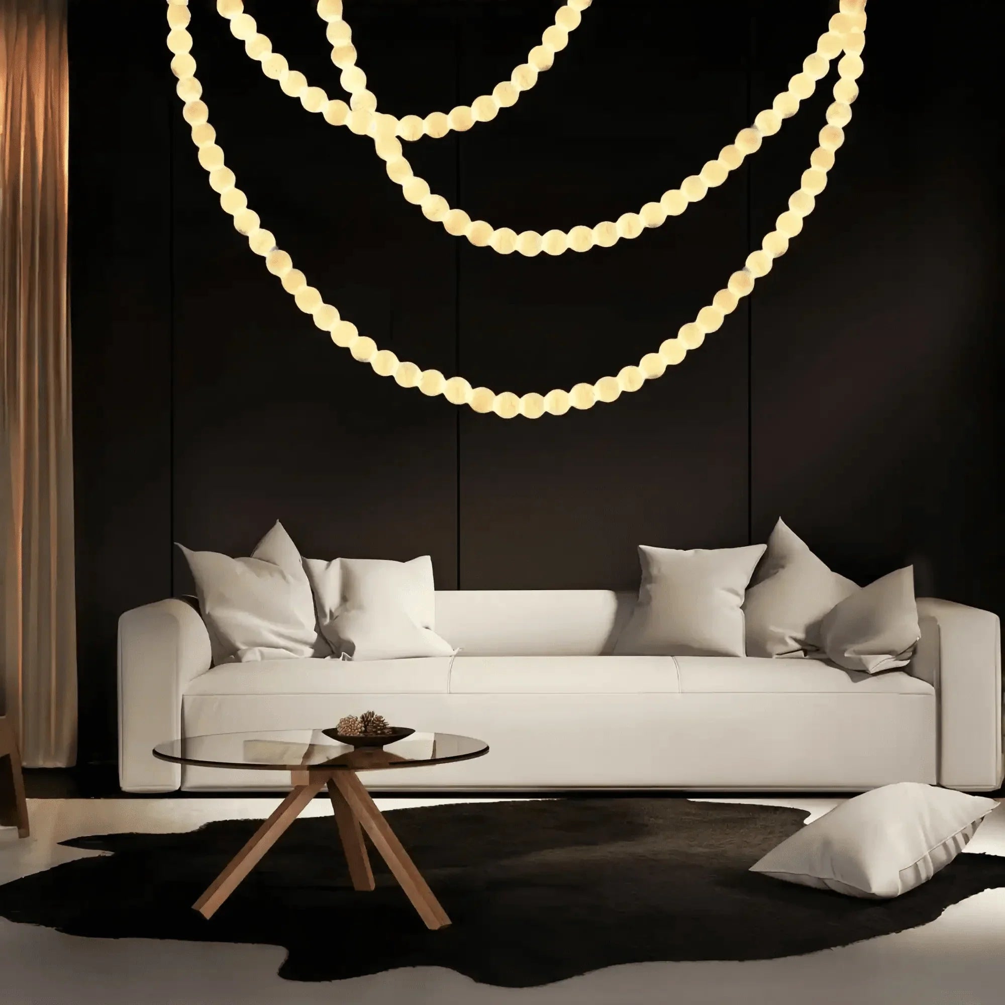 Modern LED Natural Alabaster Globes Beads Hanging Chandelier Indoor Lighting Fixture - 125 globes - L100+L300+L500CM/L40"+L118"+L197"Cool Light (6000k)Black + WhiteFeyran