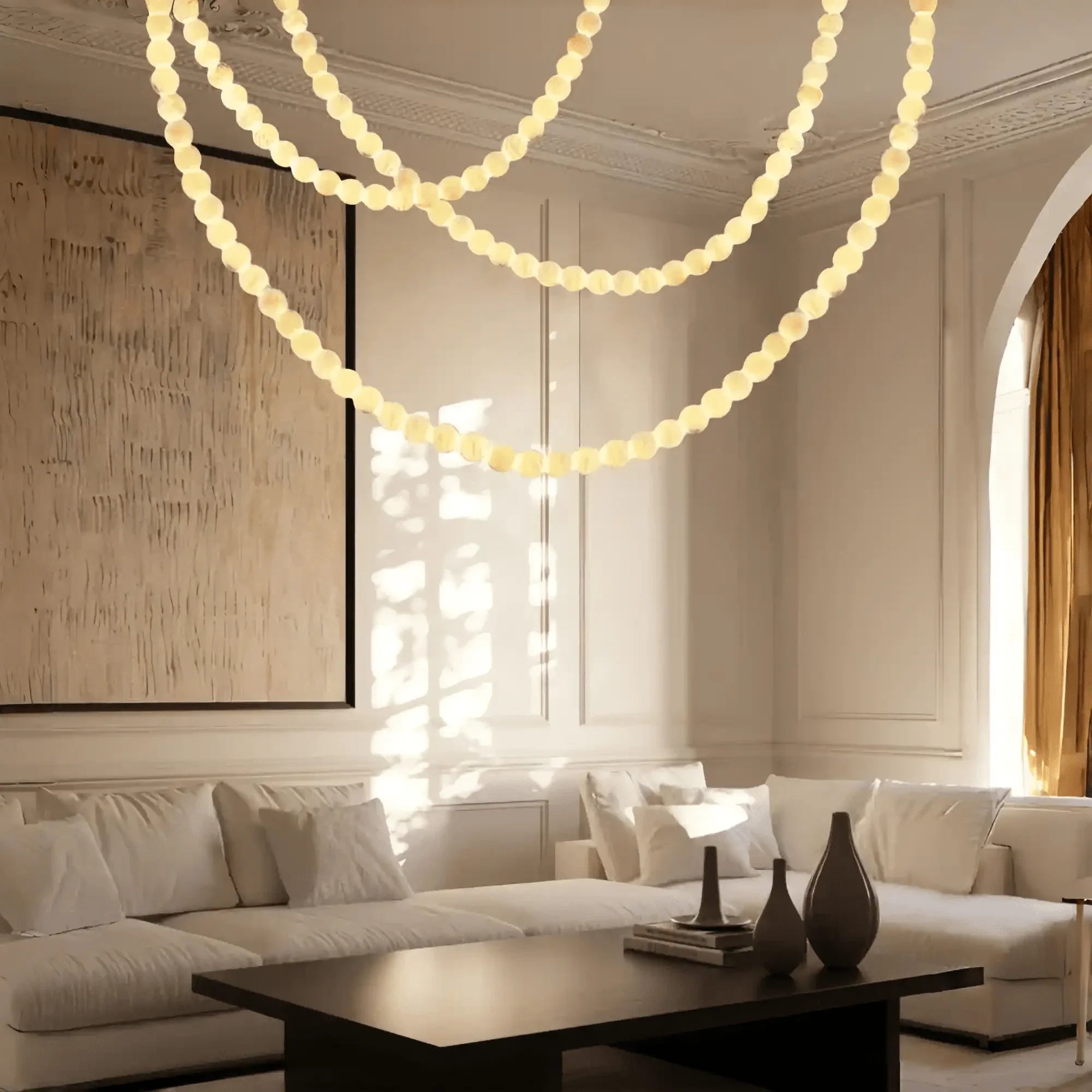 Modern LED Natural Alabaster Globes Beads Hanging Chandelier Indoor Lighting Fixture - 125 globes - L100+L300+L500CM/L40"+L118"+L197"Cool Light (6000k)Brass + WhiteFeyran