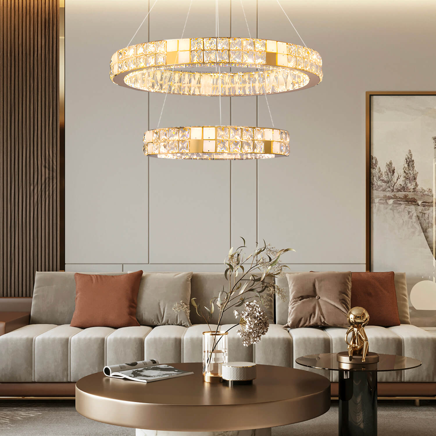 Modern Luxury Crystal and Marble Chandelier -2 rings living room|Feyran