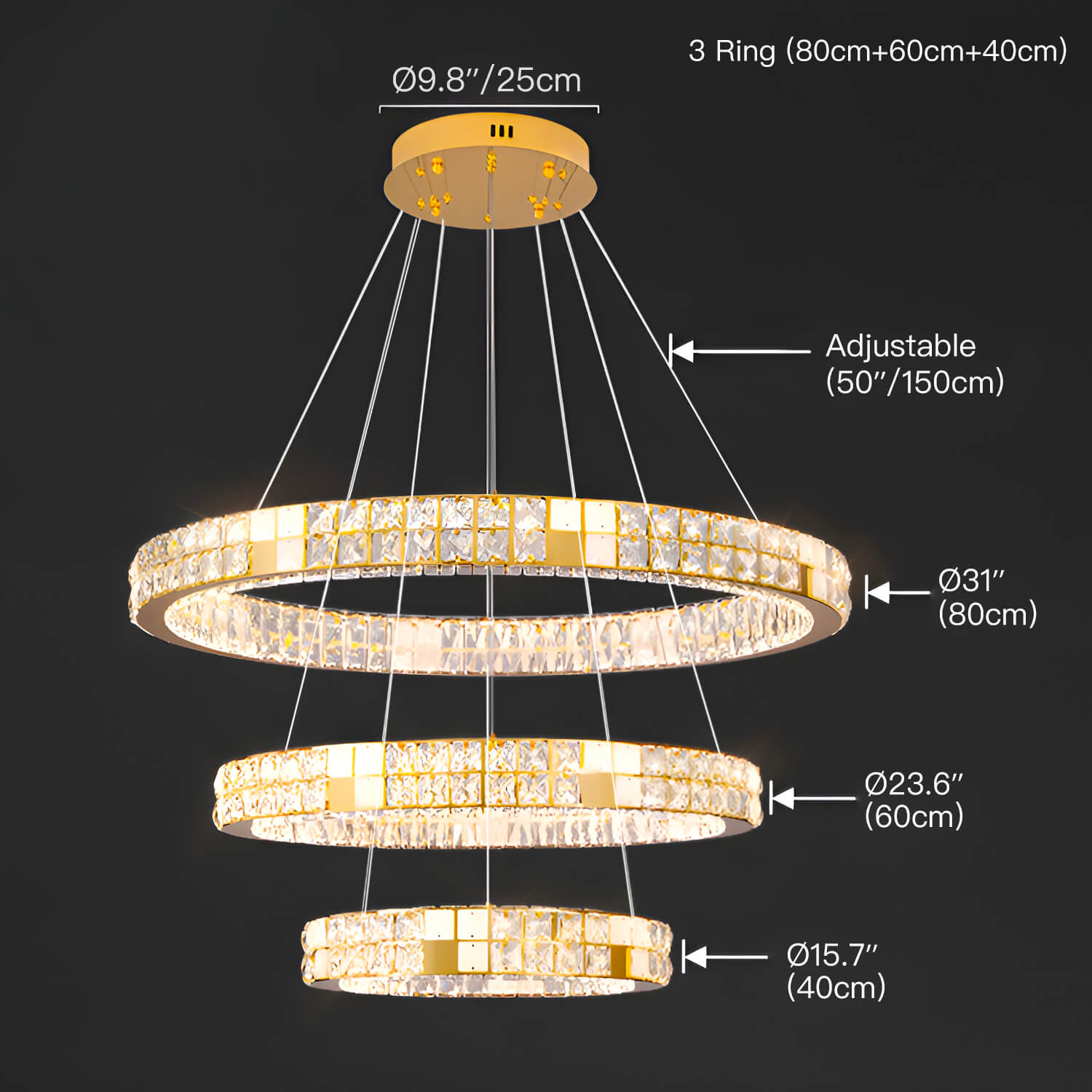 Modern Luxury Crystal and Marble Chandelier -3 rings size |Feyran